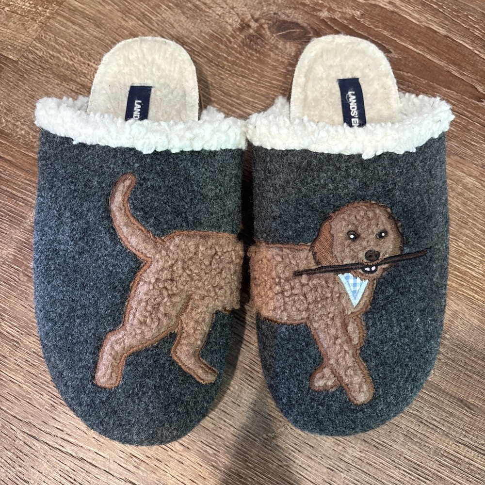 Lands End Sherpa Lined Dog Slippers Womens Grey Golden Doodle Size 9